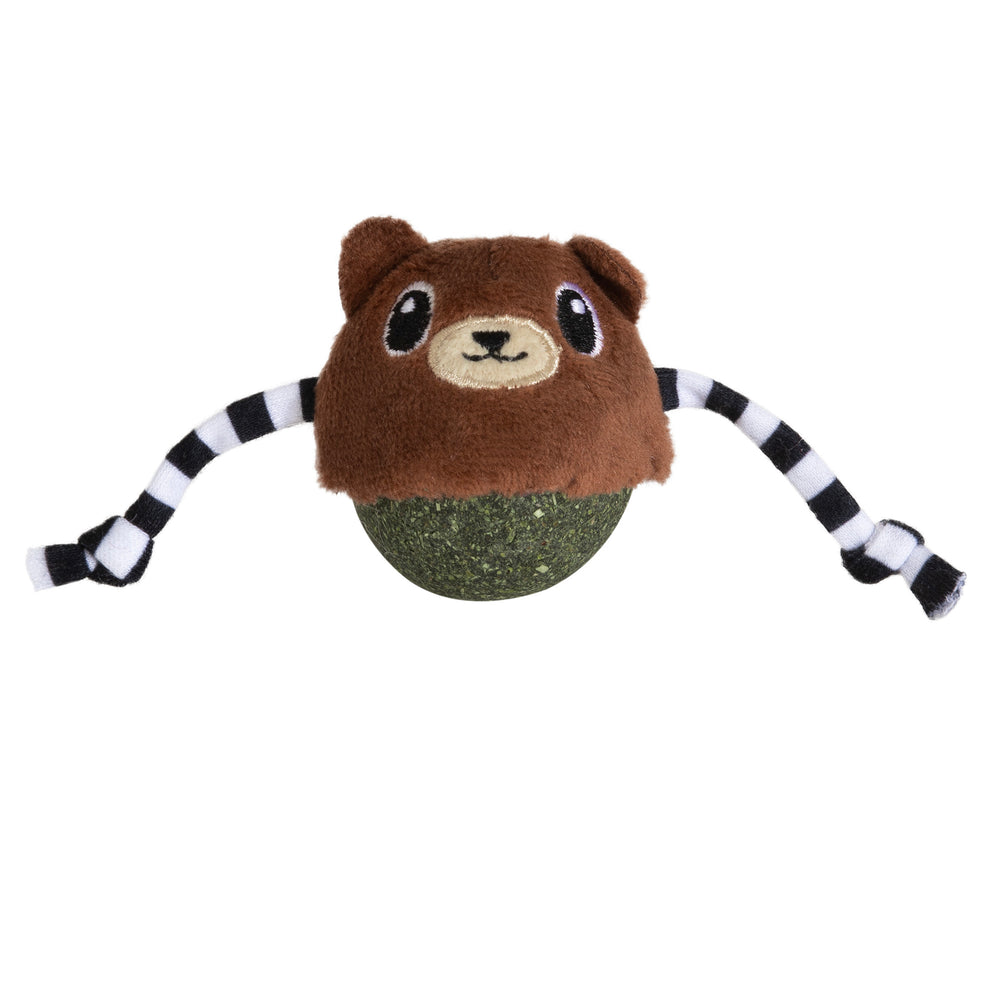 Introducing the Quirky Kitty Bobble Bear Catnip Bobbler: a fun cat toy with a bear-shaped plush head, embroidered eyes, and cheerful smile. Attached to a green sparkly ball with black and white striped arms, its perfect for endless feline fun.