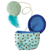 The Quirky Kitty Mice Cream Hide-A-Toy Cat Toy features a mint green, fuzzy pom-pom ball with a bright blue feather, all attached to a string. It sits beside an ice cream cone-shaped polka-dotted pouch, providing fun and mental stimulation for your feline friend.