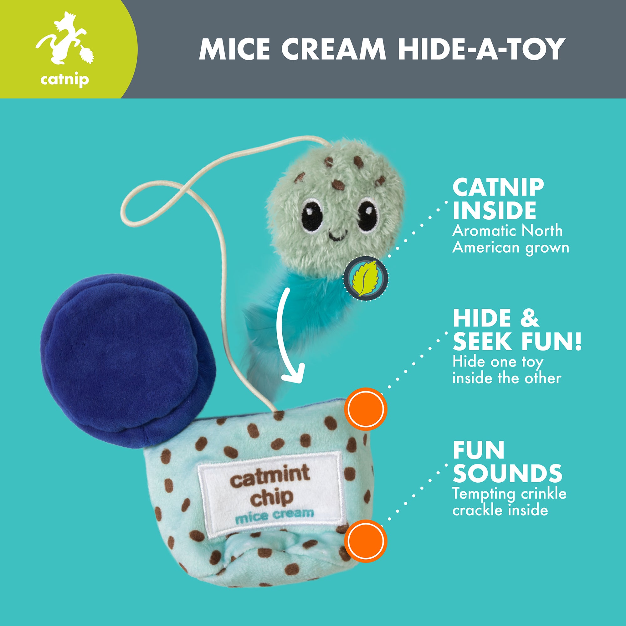 The Quirky Kitty Mice Cream Hide-A-Toy Cat Toy set includes two plush toys—a blue and mint green with smiling faces and feathers. Designed for mental stimulation, it features catnip, hide-and-seek fun, and engaging sounds to keep your feline entertained.