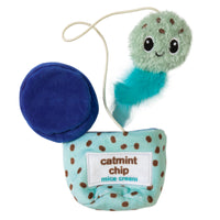 The Quirky Kitty Mice Cream Hide-A-Toy, designed by Quirky Kitty, is a plush cat toy shaped like an ice cream cup labeled catmint chip mice cream. It features blue and mint smiling scoops with a feather on a string and is infused with catnip for mental stimulation. Ideal for playful cats.