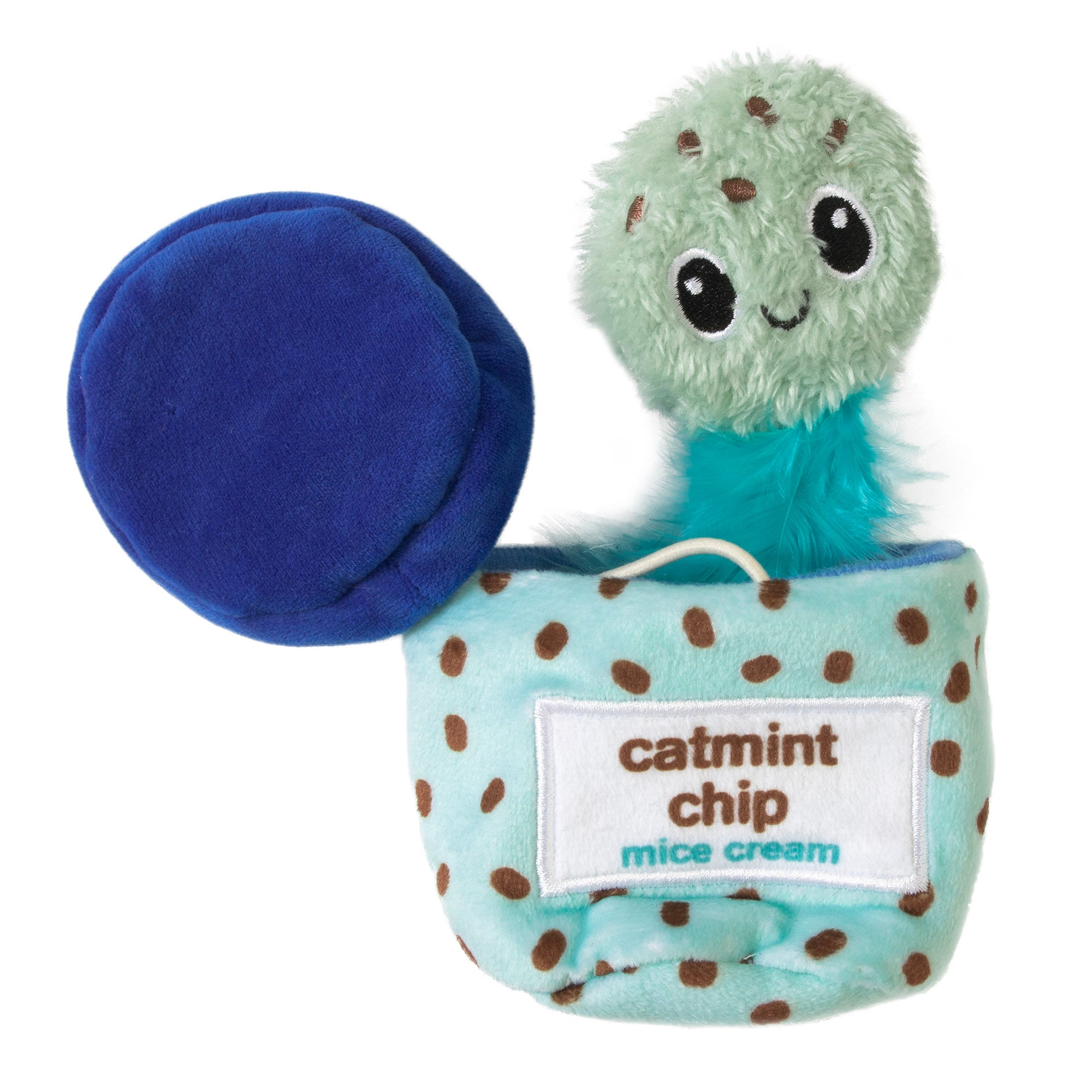 Introducing the Quirky Kitty Mice Cream Hide-A-Toy Cat Toy, a catnip-infused plush resembling mint chocolate chip ice cream with a fluffy green scoop, smiling face, and blue feather. The polka-dot carton is labeled Catmint Chip Mice Cream, perfect for stimulating your cats mind.