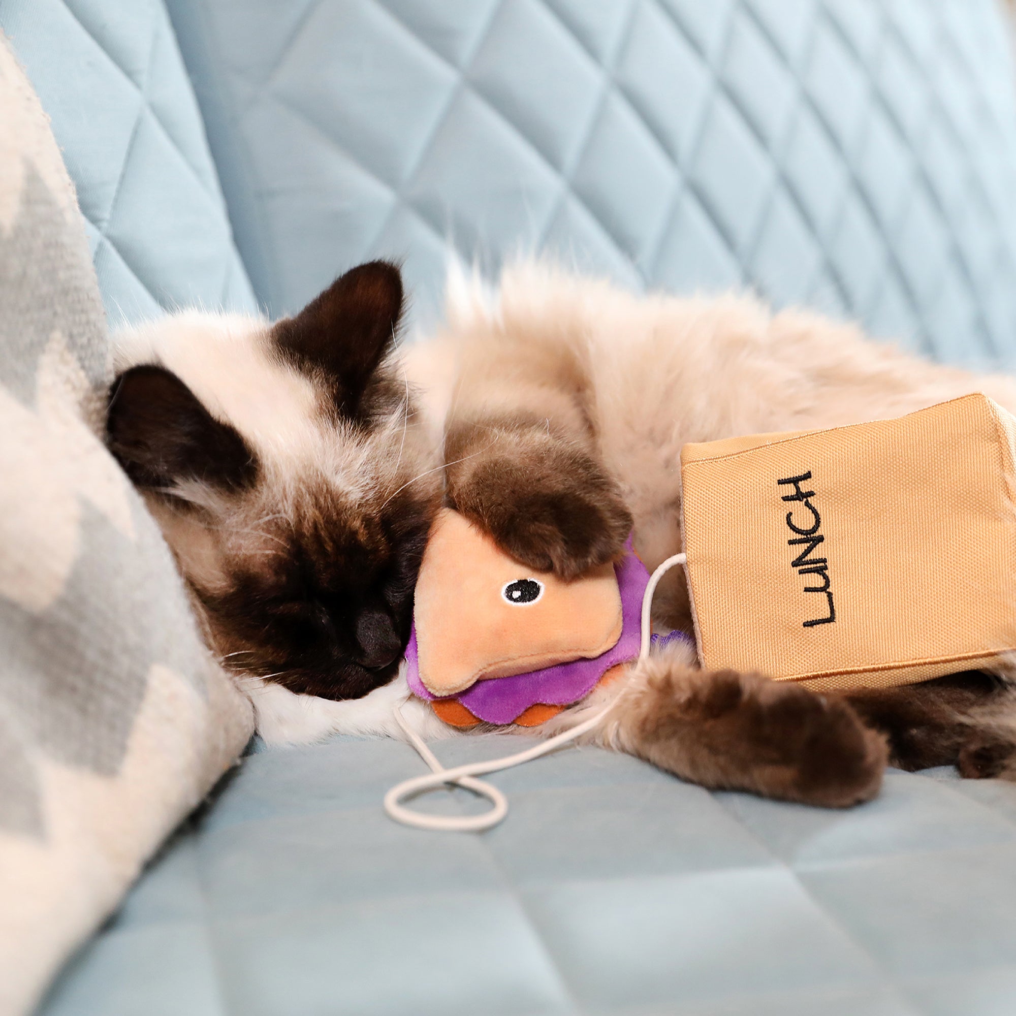 A fluffy Siamese cat snoozes on a quilted blue couch, cuddling the Quirky Kitty Peanut Butter and Jelly Hide-A-Toy Cat Toy infused with catnip. Beside it is a LUNCH fabric bag, creating a scene of pure tranquility.