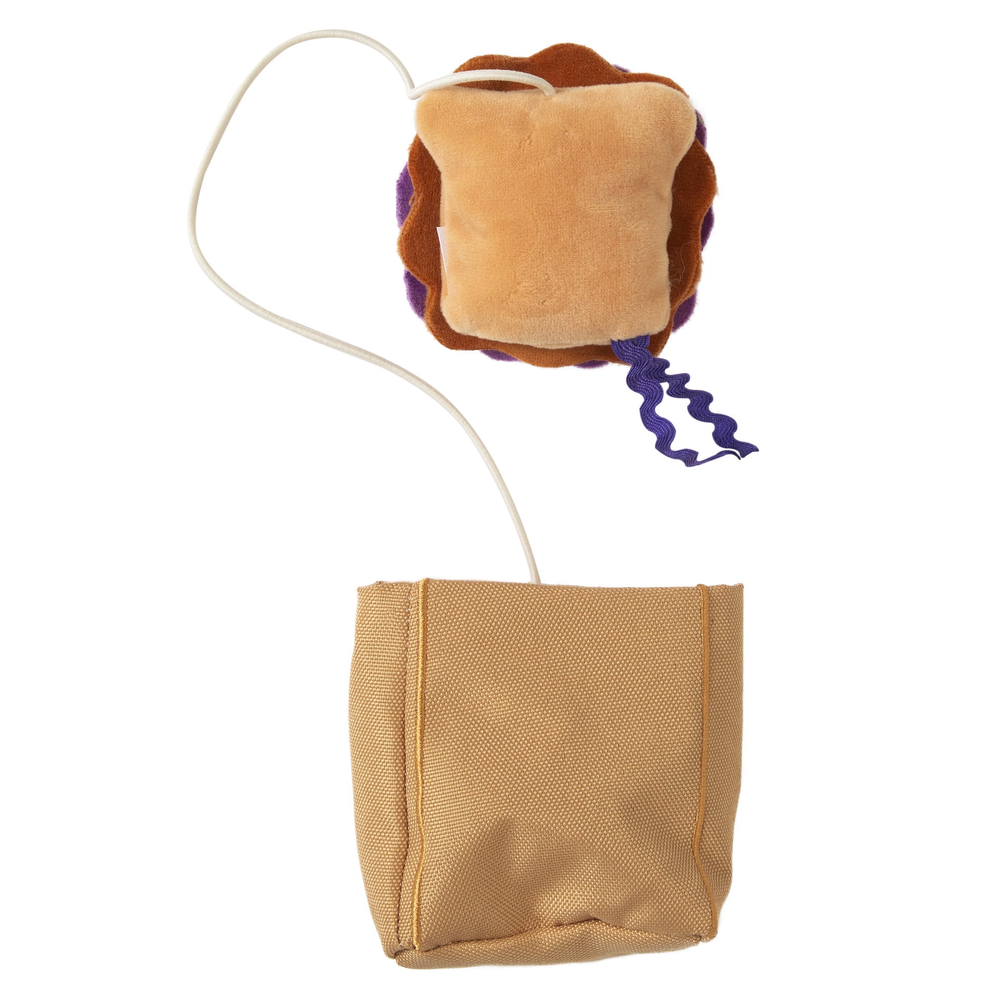 Introducing the Quirky Kitty Peanut Butter and Jelly Hide-A-Toy Cat Toy, featuring dual-layered bread, with plushy peanut butter and jelly sections. Infused with catnip for mental stimulation, its connected by a white cord to a beige pouch.