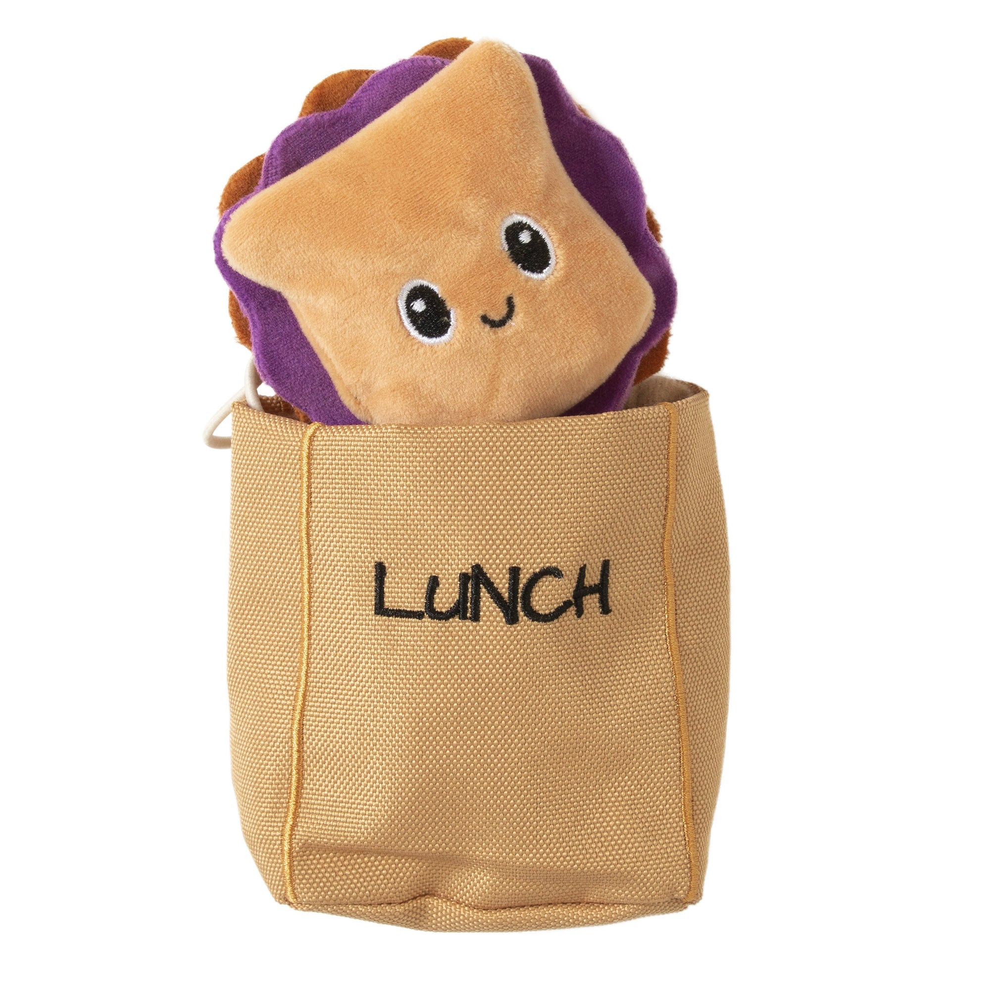 The Quirky Kitty Peanut Butter and Jelly Hide-A-Toy Cat Toy features a plush sandwich with purple filling peeking from a tan LUNCH bag, stimulating your cats mind and providing hours of entertainment.