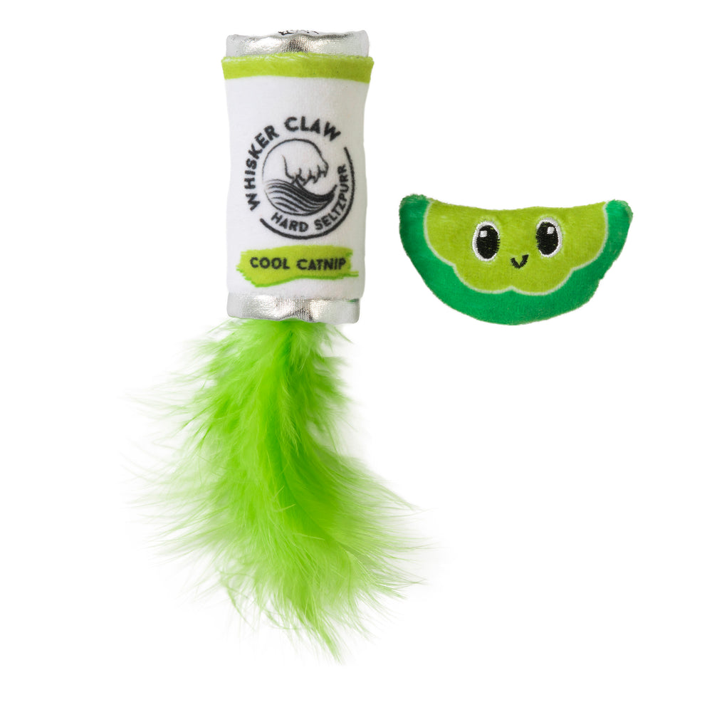 The Quirky Kitty Claw Catnip Plush Cat Toy by Quirky Kitty includes a cheerful green lime slice and a Whisker Claw Hard Seltzer Cool Catnip cylinder, decorated with feathers and enriched with silvervine to delight your cat.