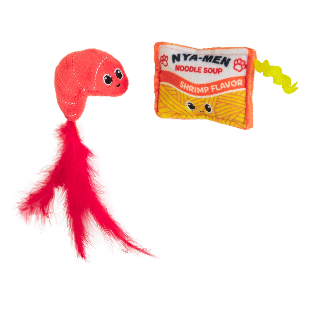 The Quirky Kitty Ramen Catnip Plush Cat Toy features a red shrimp with a feathered tail and a noodle soup packet labeled Nya-Men Noodle Soup, Shrimp Flavor. Both have cartoon eyes and squiggly noodles. Ideal for cats who adore North American catnip!.