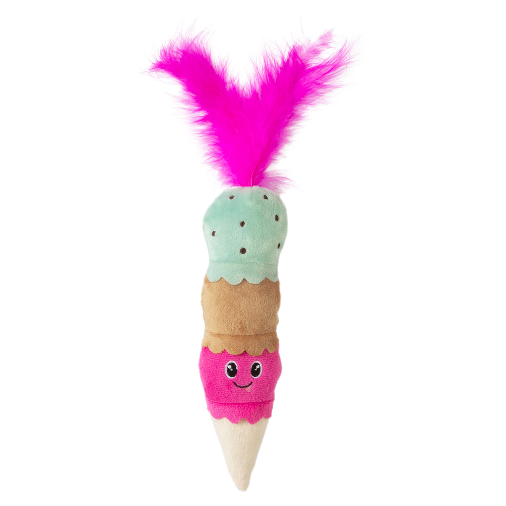 The Quirky Kitty Ice Cream Kicker Cat Toy by Quirky Kitty is an ice cream cone-shaped plush with three colorful, smiling scoops—mint green with spots, light brown, and pink—infused with enticing catnip. A tuft of bright pink feathers tops the cone for added feline fun.