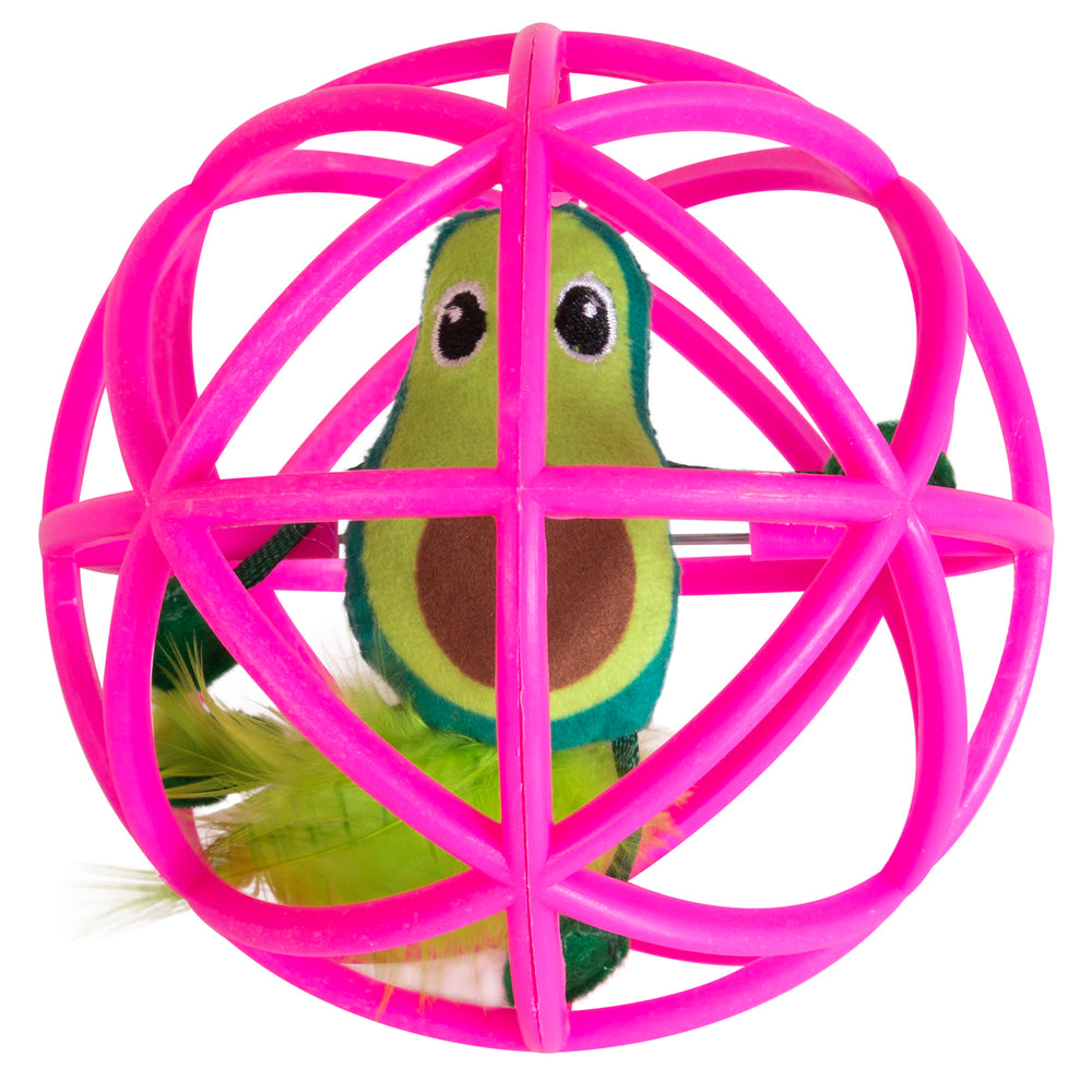 The Quirky Kitty Guacmeowy Ball of Fury Fury is an interactive electronic cat toy featuring a green and brown plush bird with wide eyes inside a pink spherical cage. Green and yellow feathers peek out, making it enticing for play.