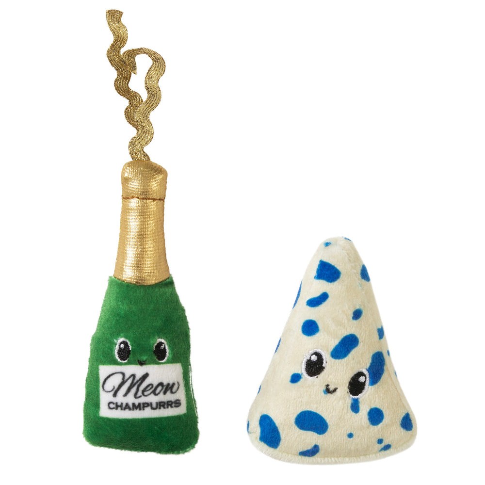 The Quirky Kitty Wine & Cheese catnip plush set includes a green Meow Champurrs bottle with North American catnip, a smiling face, gold foil top, and plush bubbles; plus a cream cheese wedge with blue spots—perfect for your playful feline.