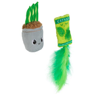 The Quirky Kitty House Plant Catnip Plush Cat Toy by Quirky Kitty includes a plush plant pot with green shoots and a smiling face, alongside a toy catnip seed packet featuring a green feather bottom made of natural feathers—both with adorable cartoon designs to entertain playful felines.