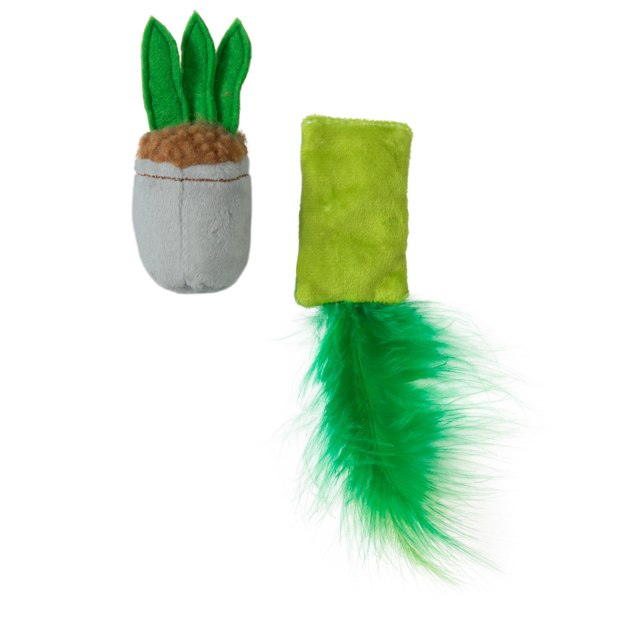 The Quirky Kitty House Plant Catnip Plush Toy, by Quirky Kitty, resembles a potted plant with green leaves and a bright green rectangular fabric piece. It features a long, fluffy natural feather and includes silvervine to entice your feline friend.