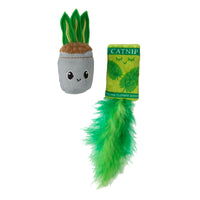 Two Quirky Kitty catnip toys: a plant-shaped plush with green leaves and a cat-shaped toy resembling a seed packet, both featuring fluffy tails. Crafted for playful interactions with Silvervine allure for your feline friend.