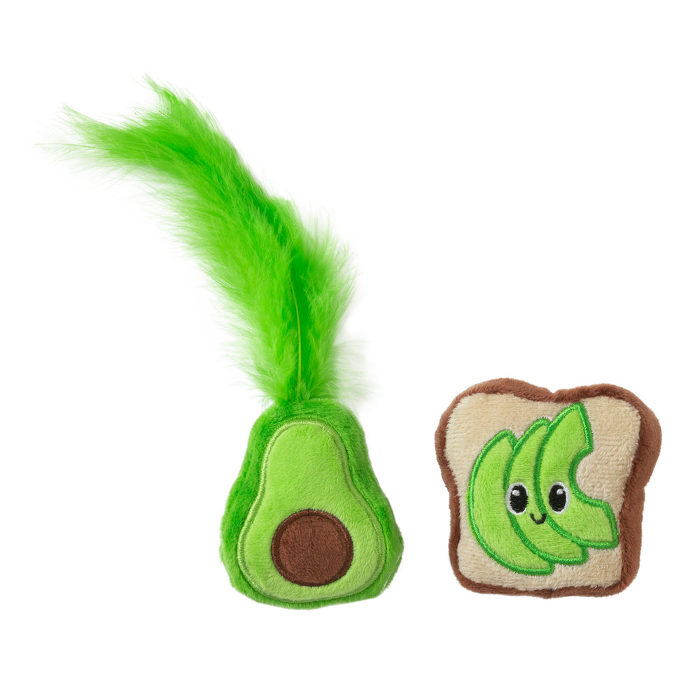 Introducing the Quirky Kitty Avocado Toast Catnip Plush Cat Toy set: one avocado-shaped plush with a green feather and another toast slice decorated with cartoon bananas, both infused with North American catnip to entertain your feline for hours!.