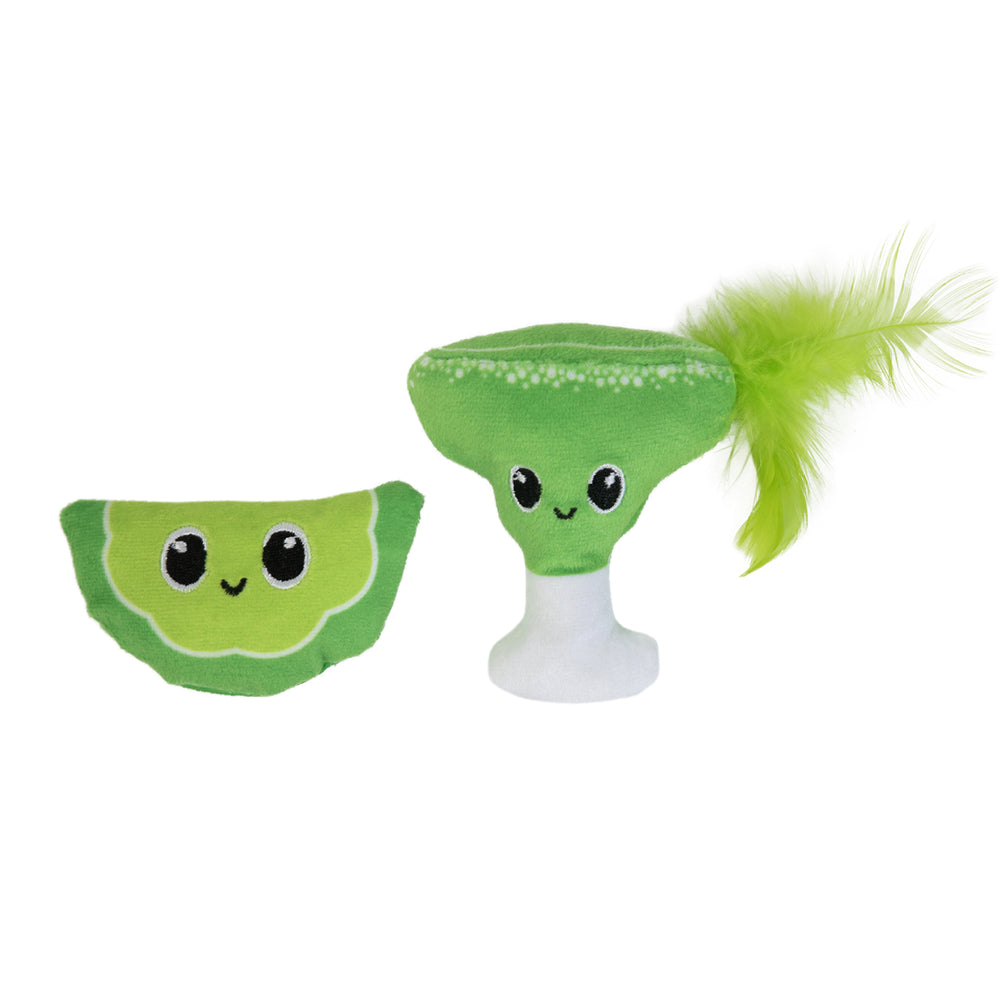 The Quirky Kitty Meowgarita Time Catnip Plush Cat Toy set includes a lime wedge and green cocktail, both with cartoon faces and features like a fluffy lime-green feather, making them perfect playful toys to delight your feline friend.