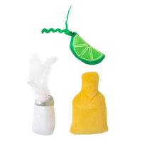 The Mad Cat Tabby Tequila 3-pack includes a catnip-infused plush white salt shaker with a feather, a green lime wedge with a curly stem, and a yellow tequila bottle.