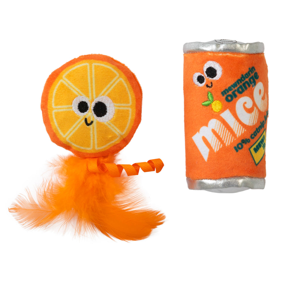 Mad Cats Orange Mice Soda plush cat toys are shaped like smiling orange slices with feathers and bright orange colors, featuring the words mice and orange on the can. They include silvervine as a catnip alternative for added feline enjoyment.