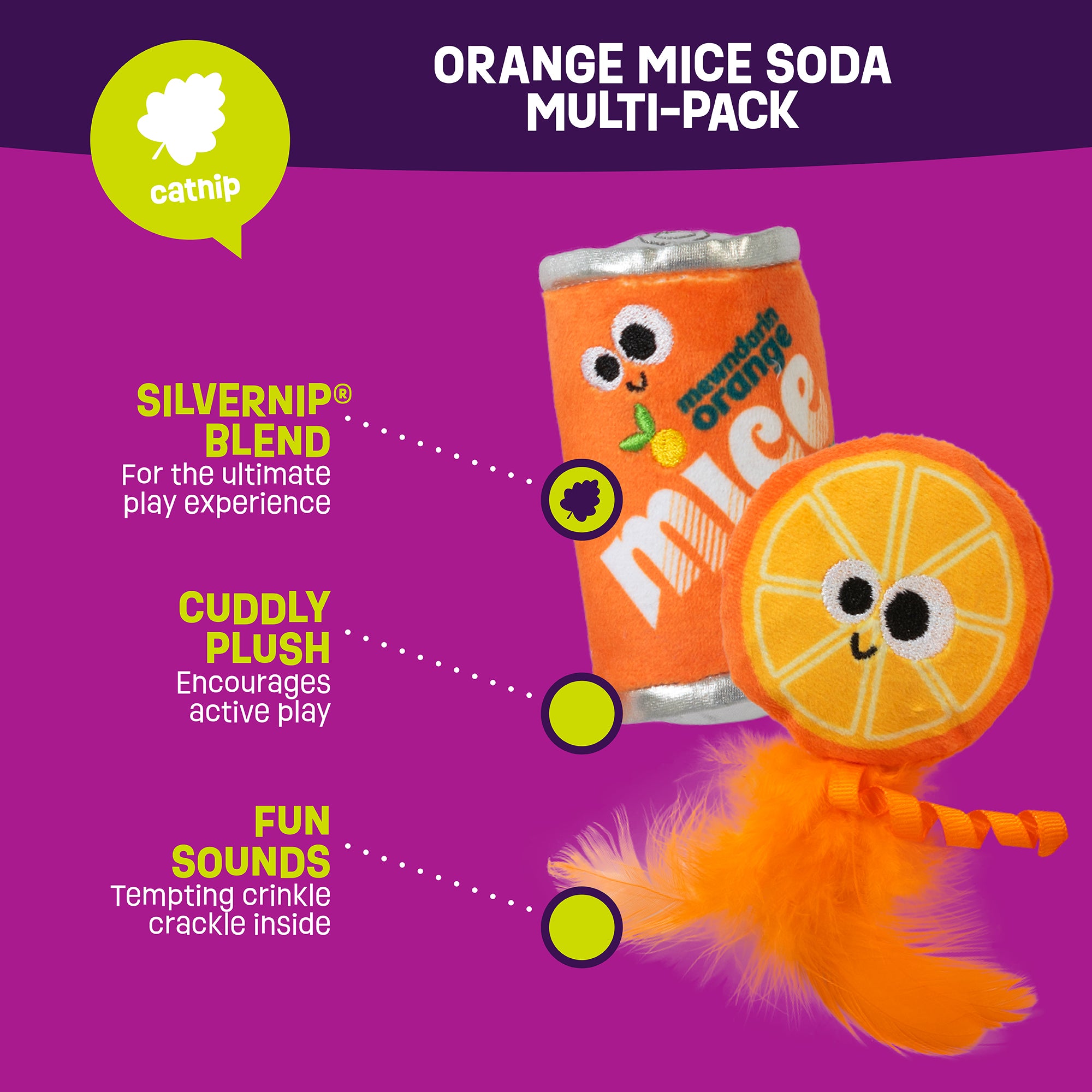 A promotional image for the Mad Cat Orange Mice Soda features a plush orange soda can and round orange slice toy with feather and crinkle sound, enhanced with Silvernip blend. The purple background highlights the catnip alternative logo.