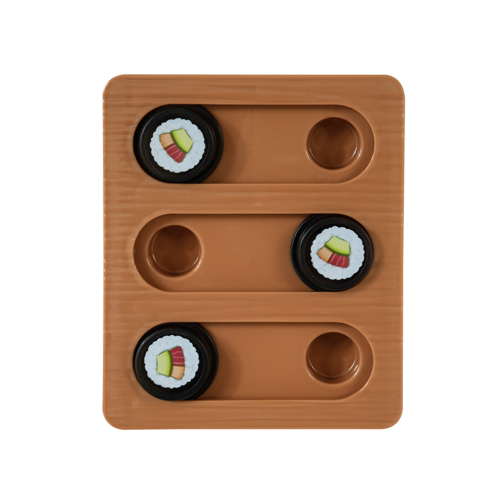 The Quirky Kitty Sushi Bento Box Puzzle Cat Toy features a brown wooden board with three sliding tracks and four black circular pieces, each adorned with a cupcake design. Two tracks contain two pieces, while one track is left empty to challenge feline cognition.