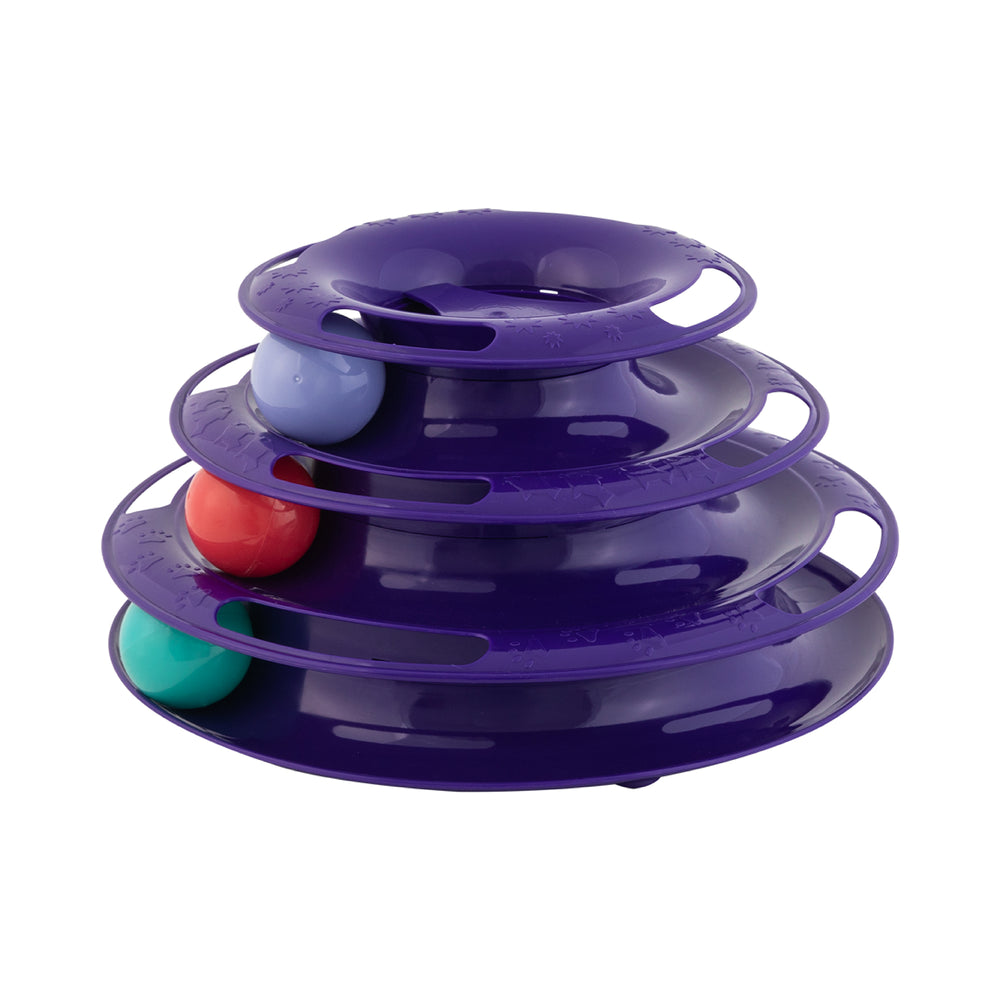 The Quirky Kitty Three Layer Ball Track Cat Toy by Quirky Kitty features a tiered purple design with three stacked circular levels. Each tier has a colorful red, blue, or green ball for endless swatting fun. The plastic structure provides openings for easy access to the balls, ensuring hours of engaging play.