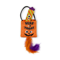 The Mad Cat Treat Bag Hide-A-Toy is an orange cat toy featuring Hiss or Treat text and a jack-o-lantern face. It has a striped, googly-eyed tube with orange and purple feathers, infused with enticing catnip for feline playtime joy.