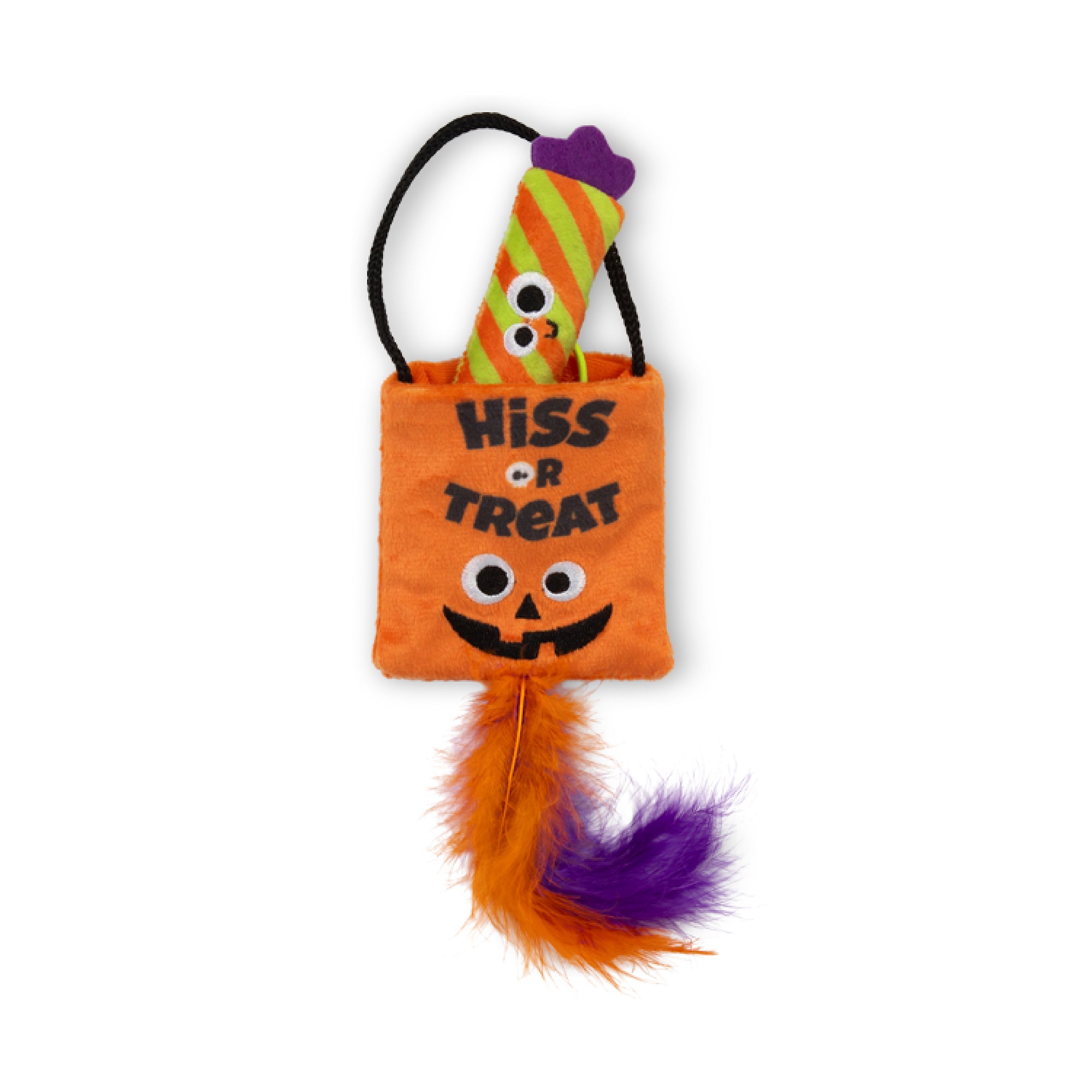 The Mad Cat Treat Bag Hide-A-Toy is an orange cat toy featuring Hiss or Treat text and a jack-o-lantern face. It has a striped, googly-eyed tube with orange and purple feathers, infused with enticing catnip for feline playtime joy.