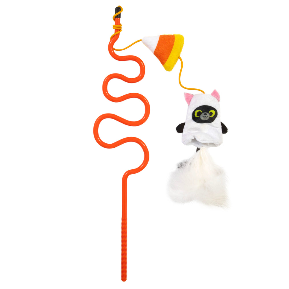 The Mad Cat Hiss & Haunt Wand offers an interactive design with its orange wavy wand and plush raccoon-like figure, featuring a white body, pink ears, black mask, and fluffy fur. It includes a candy corn-colored yellow and orange attachment.