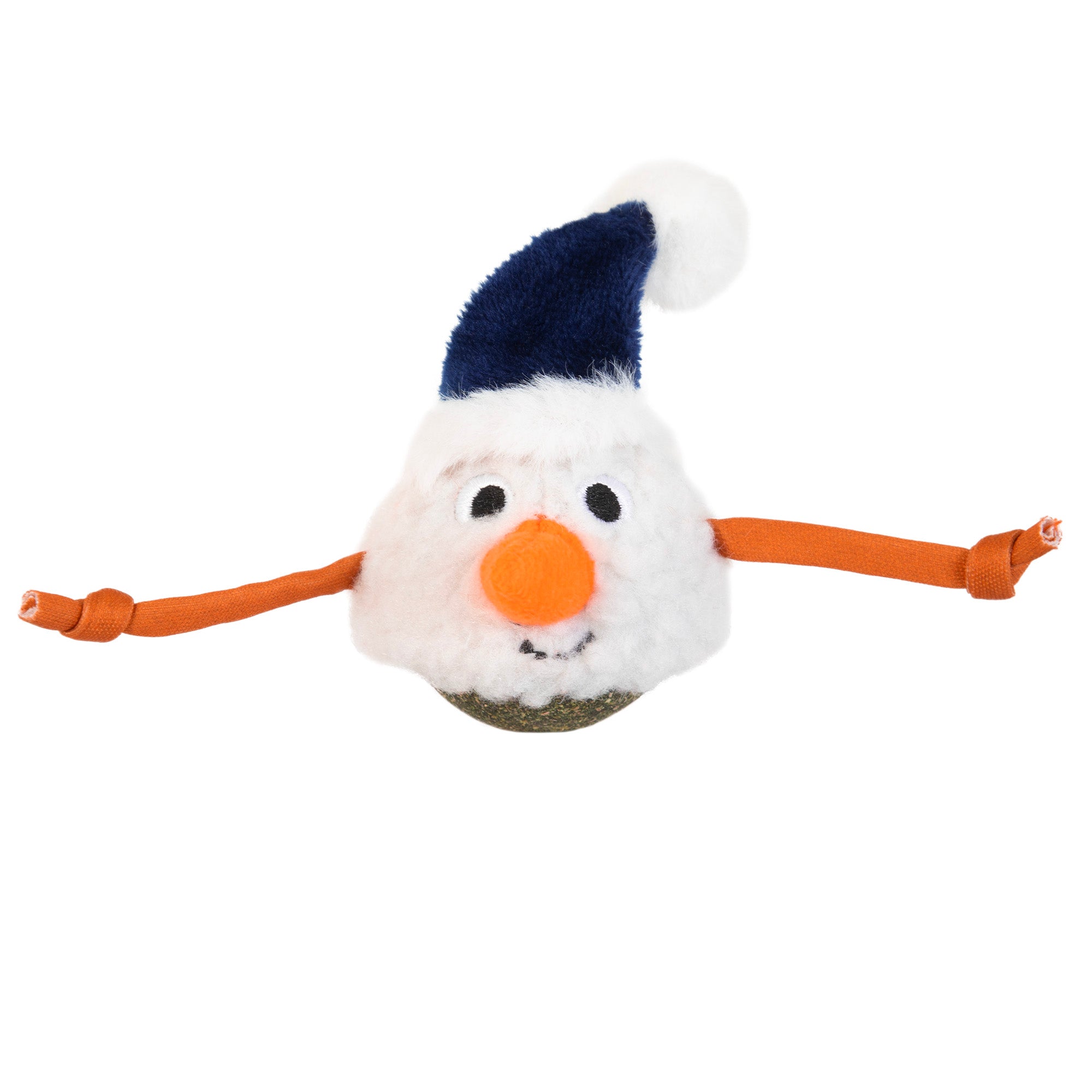 The Mad Cat Catnip Bobbler Snowy Day by Mad Cat is a plush snowman design cat toy featuring a fluffy white body, orange nose, small black eyes, elongated orange arms, and a blue-and-white hat—an ideal whimsical toy to delight any playful cat.