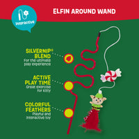 The Mad Cat Elfin Around Wand Cat Toy is shown against a green background. It showcases a whimsical twisted red design, an elf figure, vibrant feathers, and a candy accent to encourage active playtime with its Silvernip Blend and lively colors.