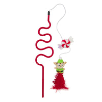 The Mad Cat Elfin Around Wand Cat Toy is a holiday treat, including a red wavy wand with a white string that attaches to a plush elf and candy ornament. It features dangling red feathers for interactive feline play.