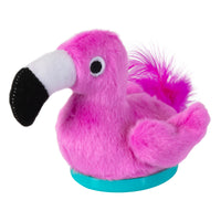 The Mad Cat Sassy Scoocher Flamingo is a pink plush toy with a black beak, white details, fluffy texture, and turquoise base. It includes catnip, making it an irresistible delight for cats.