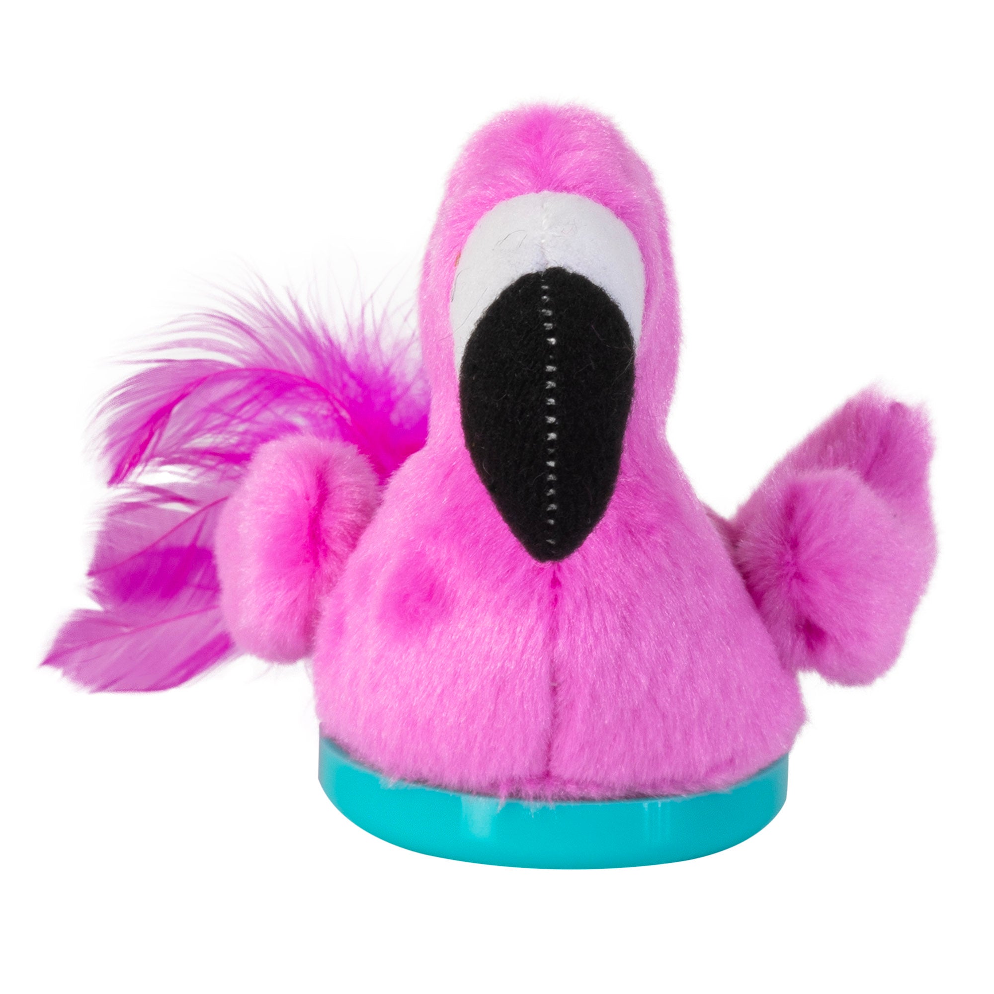 The Mad Cat Sassy Scoocher Flamingo is a plush pink flamingo toy featuring a black beak, white accents around the eyes, fluffy pink feathers on its wings, and stands on a teal base. Ideal for playful cats, it’s infused with catnip.