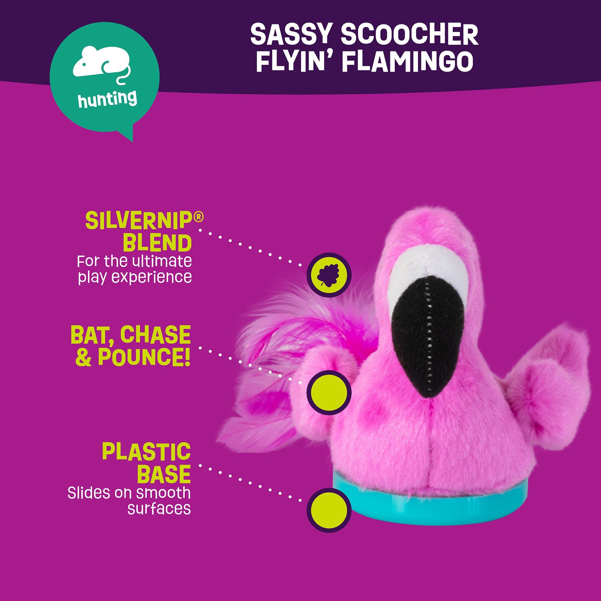 The Mad Cat® Sassy Scoocher Flamingo cat toy is pink, flamingo-shaped with a black beak, feathered wings, and a smooth plastic base. It features a Silvernip Blend of catnip for playful antics and includes the Bat, Chase & Pounce! callout at the top.