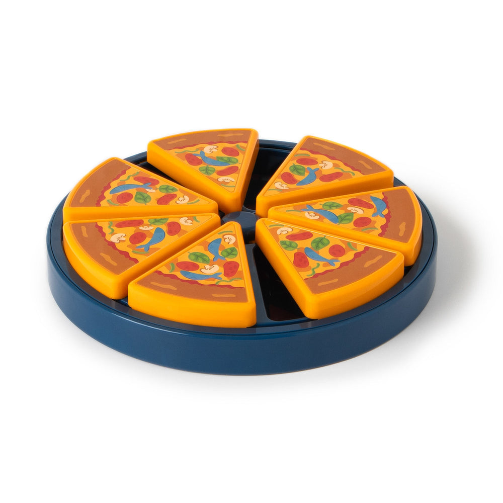 The Quirky Kitty Pizza Puzzle by Quirky Kitty is a round blue tray with eight plastic pizza slice toys for mental exercise. Each slice, ideal as a cat toy, boasts colorful toppings like peppers and mushrooms and features a crust edge, creating a complete pizza.