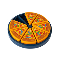 The Quirky Kitty Pizza Puzzle by Quirky Kitty includes six colorful triangular slices on a round blue tray. It serves as a mental exercise tool and slow feeding opportunity for your cat, keeping them entertained while they play.