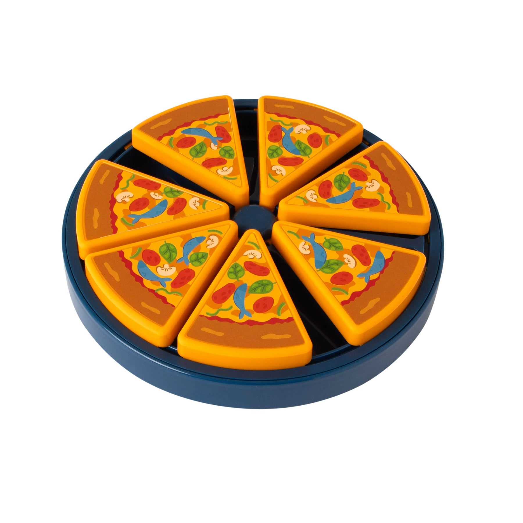 The Quirky Kitty Pizza Puzzle by Quirky Kitty is a cat toy featuring detachable toy pizza slices on a blue tray. With colorful toppings like green leaves and red circles on a yellow base, it offers slow feeding fun and mental exercise as cats assemble the complete pizza.