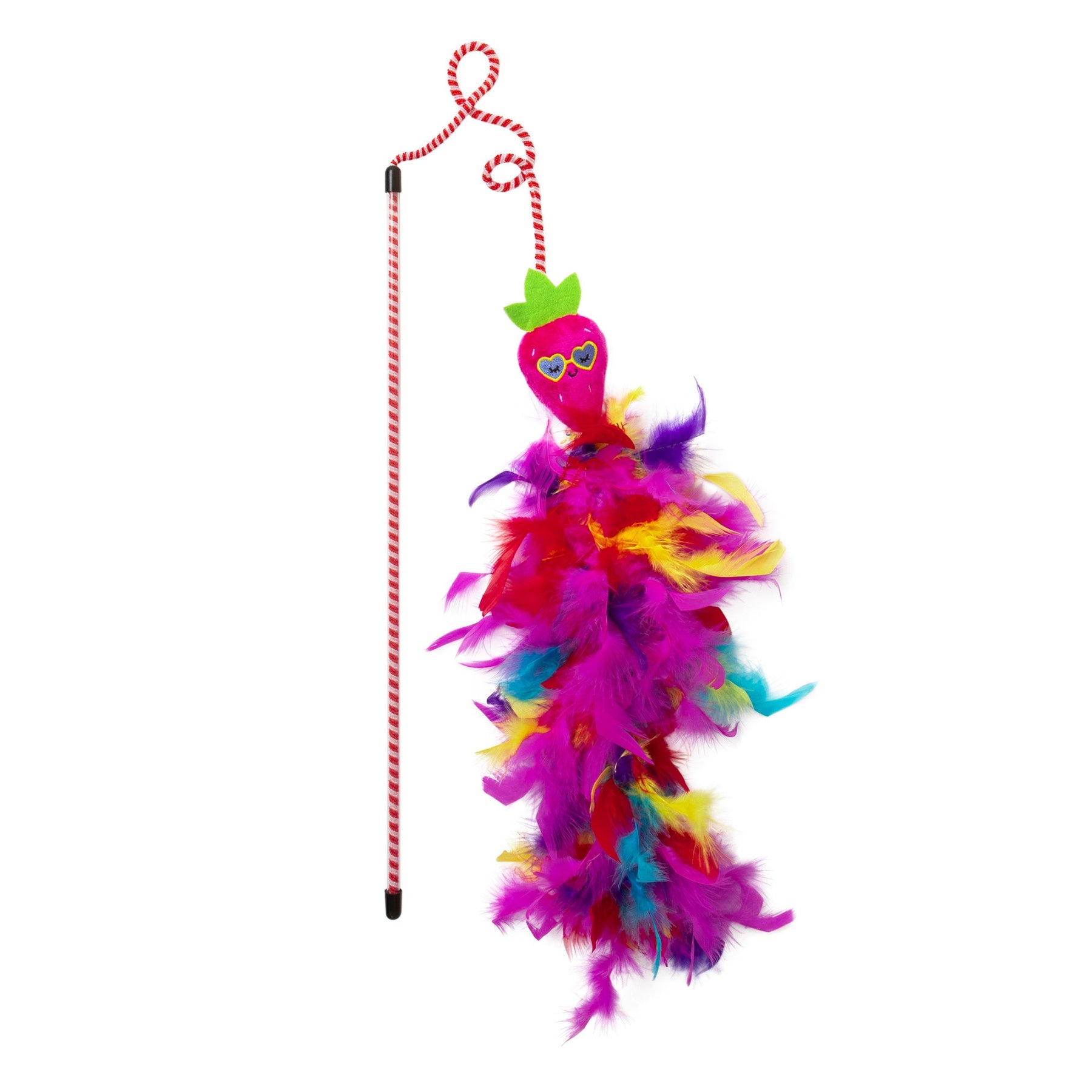 Introducing the Quirky Kitty Sassy Strawpurry Super Feather Wand: an interactive toy with a rod featuring a plush eggplant character with heart glasses, adorned with vibrant purple, red, yellow, and blue feathers. The rod is wrapped in a red and white rope looped at the end.