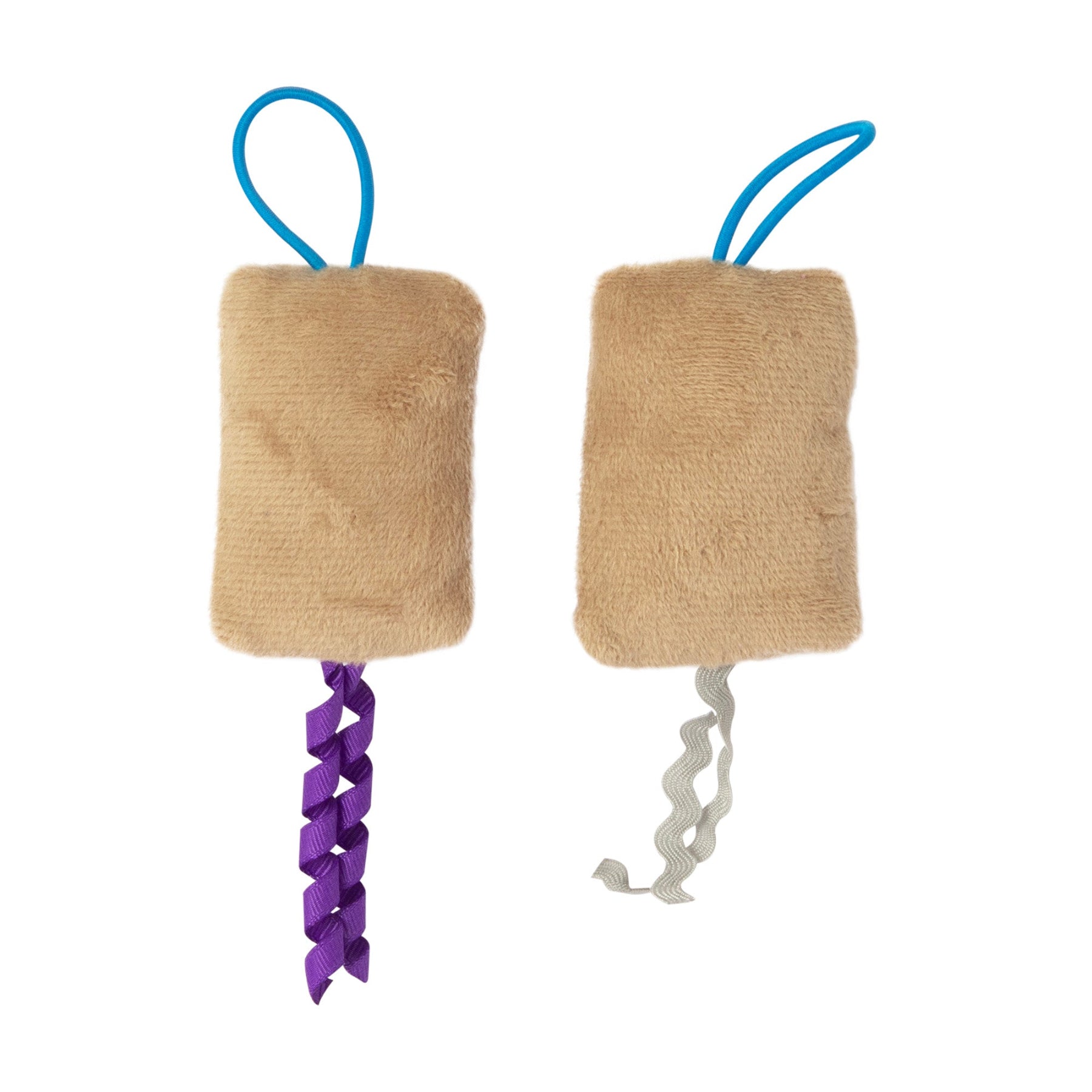 Quirky Kitty Flingin Purr Tarts are two plush brown rectangles with loop handles, one adorned with a twisted purple ribbon and the other with a spiraled gray ribbon. Filled with North American-grown catnip, theyre perfect as a toy slingshot and playful treat for your feline friend.