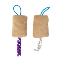 Quirky Kitty Flingin Purr Tarts are two plush brown rectangles with loop handles, one adorned with a twisted purple ribbon and the other with a spiraled gray ribbon. Filled with North American-grown catnip, theyre perfect as a toy slingshot and playful treat for your feline friend.