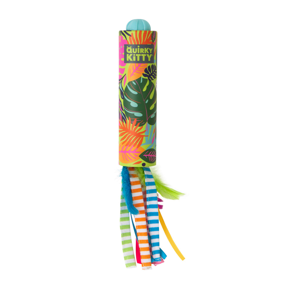 The Quirky Kitty Peek & Pounce Wand is a colorful, interactive cat toy with a long cylindrical shape, vibrant leaf patterns, and features Quirky Kitty branding. Bright multi-colored feathers and ribbons hang from the bottom for an exciting game of peek and pounce.