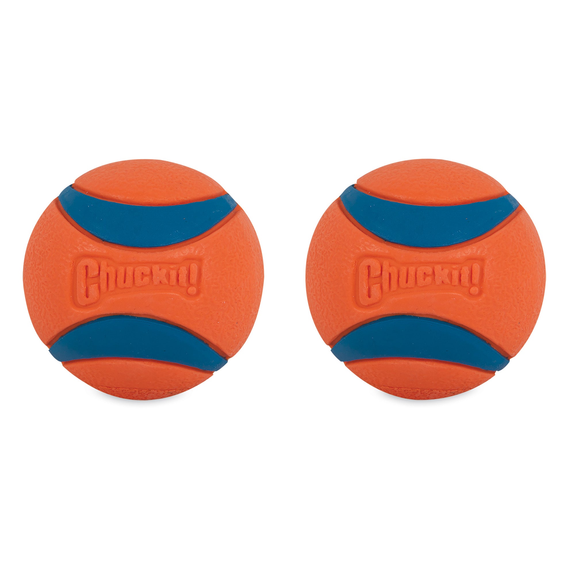 Side by side on a white background, the Chuckit! Ultra Ball Dog Toys—two durable orange and blue rubber balls embossed with Chuckit!—feature textured surfaces with curved blue bands that promise a high bounce.