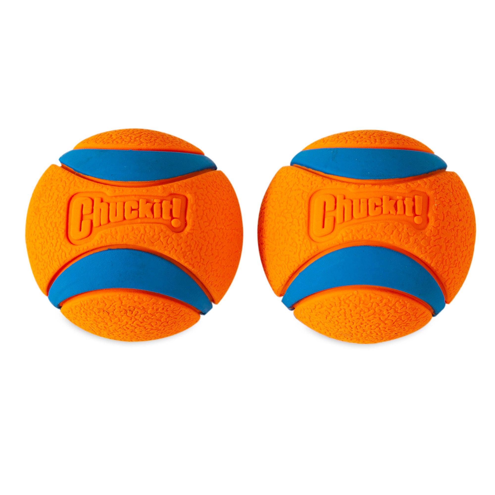 The Chuckit! Ultra Ball Dog Toy features two vibrant orange rubber balls with textured surfaces and blue curved stripes, offering impressive durability and a high bounce. Each ball sports the Chuckit brand name embossed on it, ensuring endless fun for your furry friend.