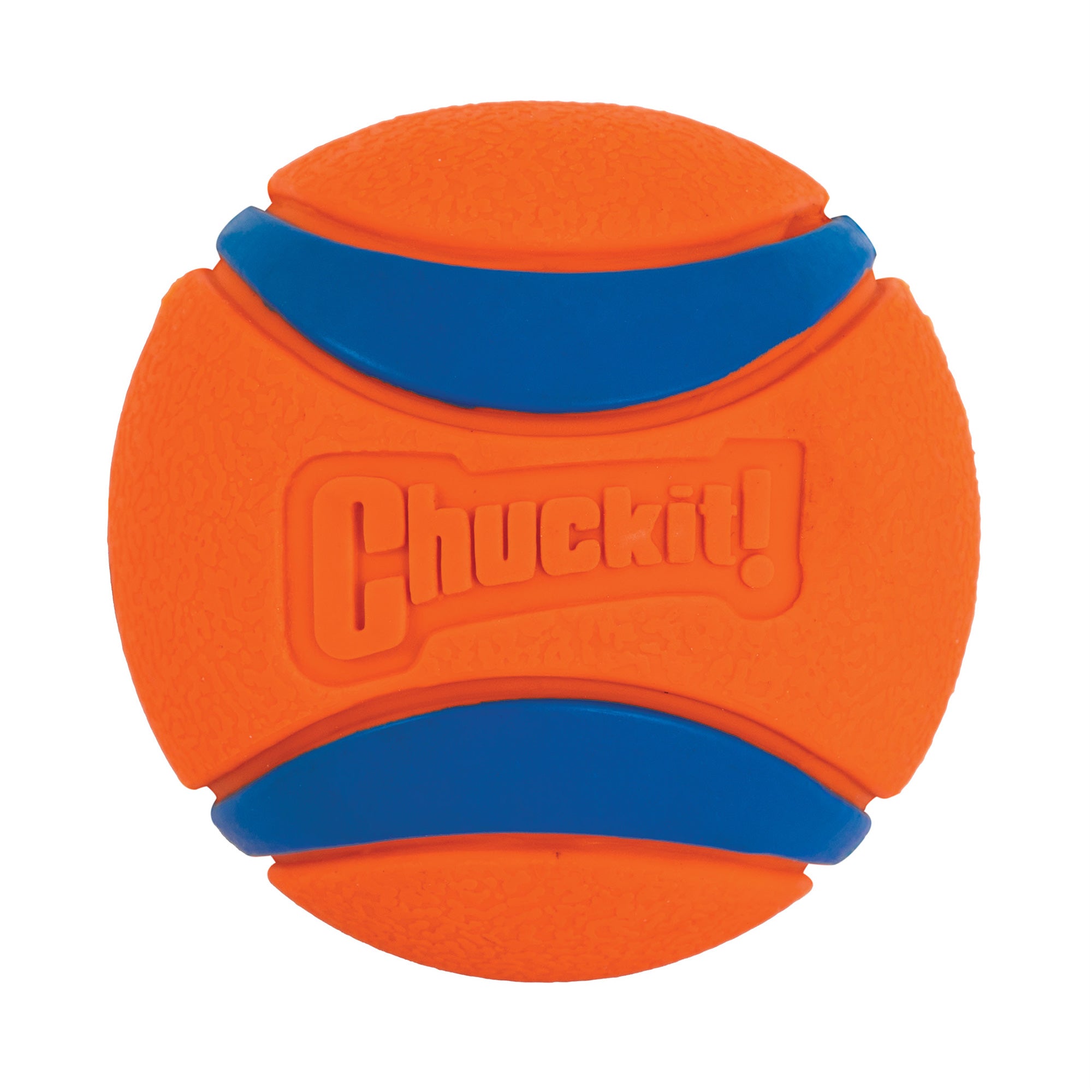 The Chuckit! Ultra Ball Dog Toy by Chuckit is an orange ball with embossed branding and two blue curved lines. Its high bounce and durability make it ideal for energetic playtime with your dog.