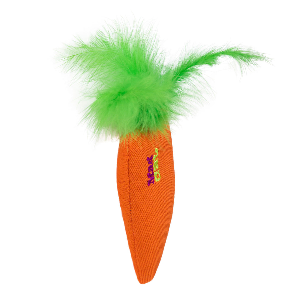 The Mad Cat Kitty Carrot by Mad Cat is a soft toy designed like a carrot, crafted with orange fabric and Yeowww! in purple. It features green feathers as leaves and is filled with silvervine cat toy blend for a unique catnip alternative, offering premium entertainment for cats.