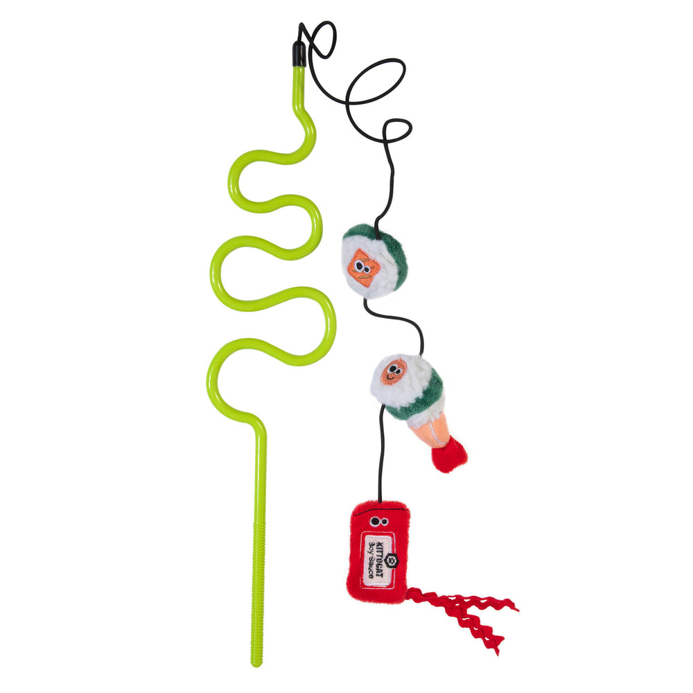 Check out the Mad Cat Sushi Swatter Wand With Catnip & Silvervine Toy by Mad Cat: It features a captivating green wavy wand, two plush sushi rolls, a red car-like box, and silvervine for endless feline fun.