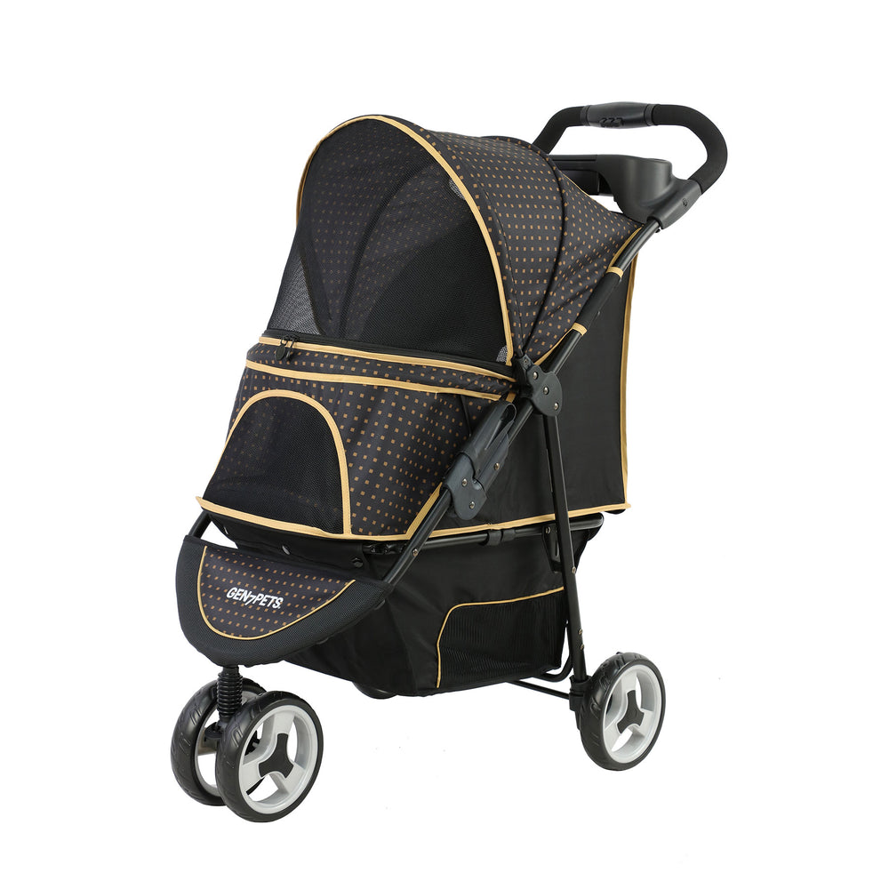 The Gen7Pets Gold Nugget Promenade Pet Stroller by Gen7 is black and gold with polka dots and a mesh cover. It features all-terrain wheels, a Smart-Comfort Pad, three wheels, a handlebar cup holder, and a roomy compartment for your pets comfort.