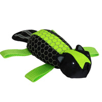 The Hyper Pet Grab Tabs Plush Beaver by Hyperpet is a fetch-friendly toy made from durable ballistic nylon, featuring a honeycomb pattern and a black and green scheme. It has two small ears, bright green legs, and a vibrant stripe along its back.