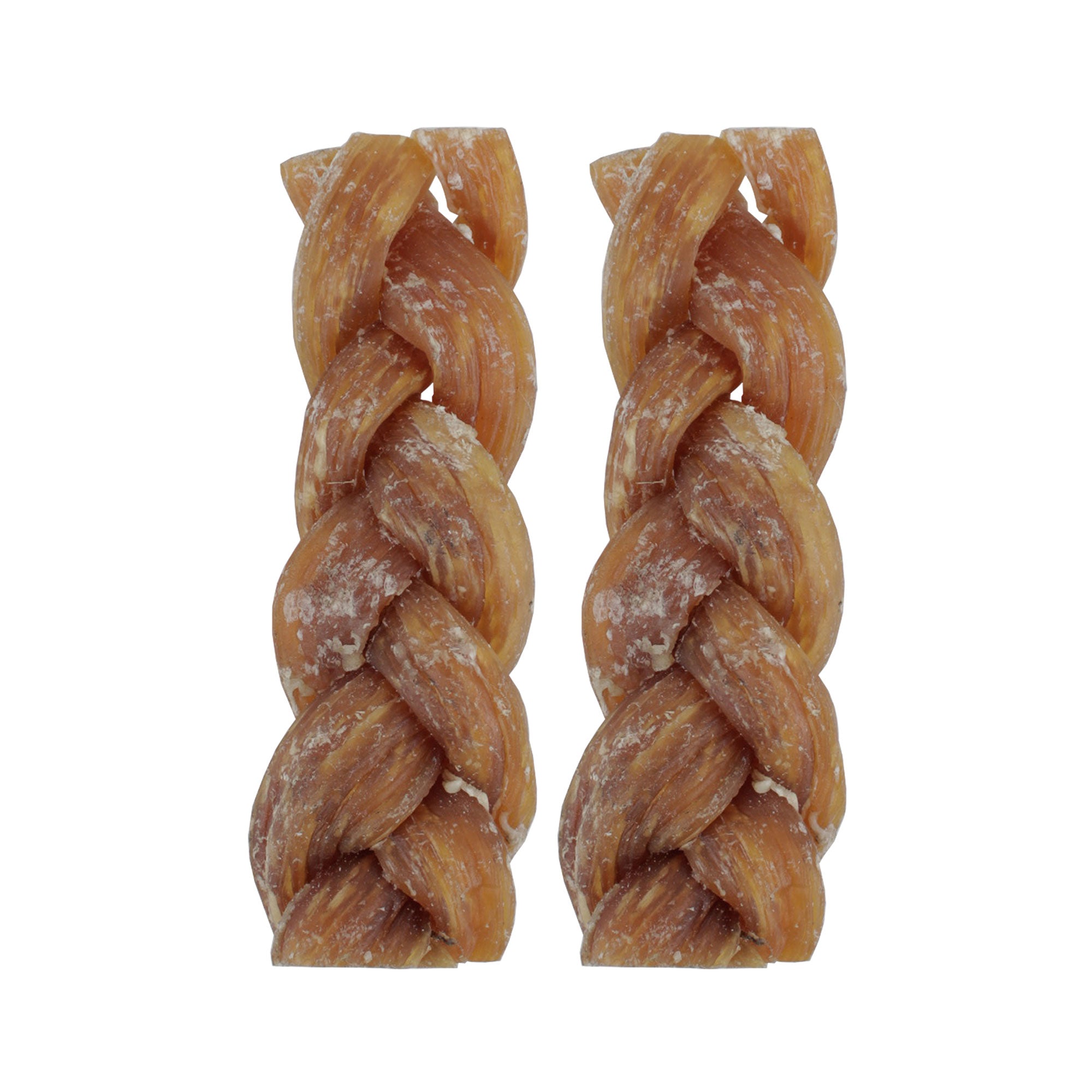 The Wild Eats Water Buffalo Paddywhack 2 Pack features two tightly braided, tan rawhide chews with a textured surface, positioned vertically against a white background. These natural dog chews support dental health.