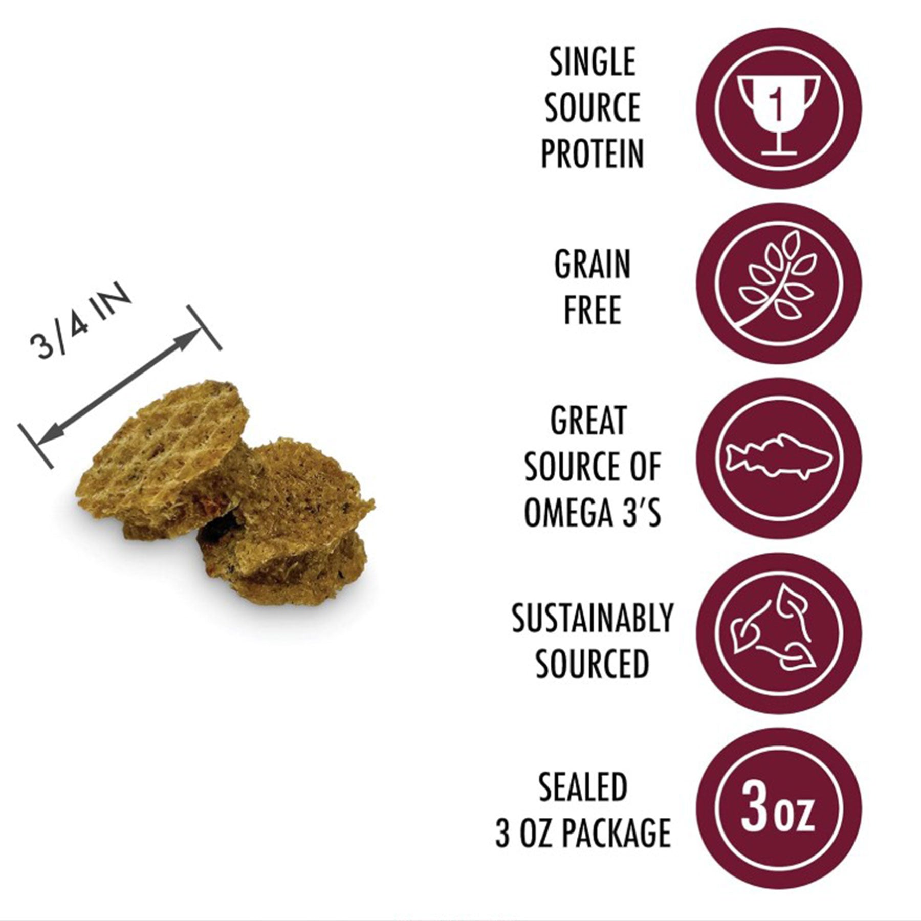 Three small, round Wild Eats Cod Treats are shown with icons for single-source protein, grain-free Omega-3 from North Atlantic Cod, and sustainably sourced. Each treat is about 3/4 inch and sealed in a 3-ounce package.