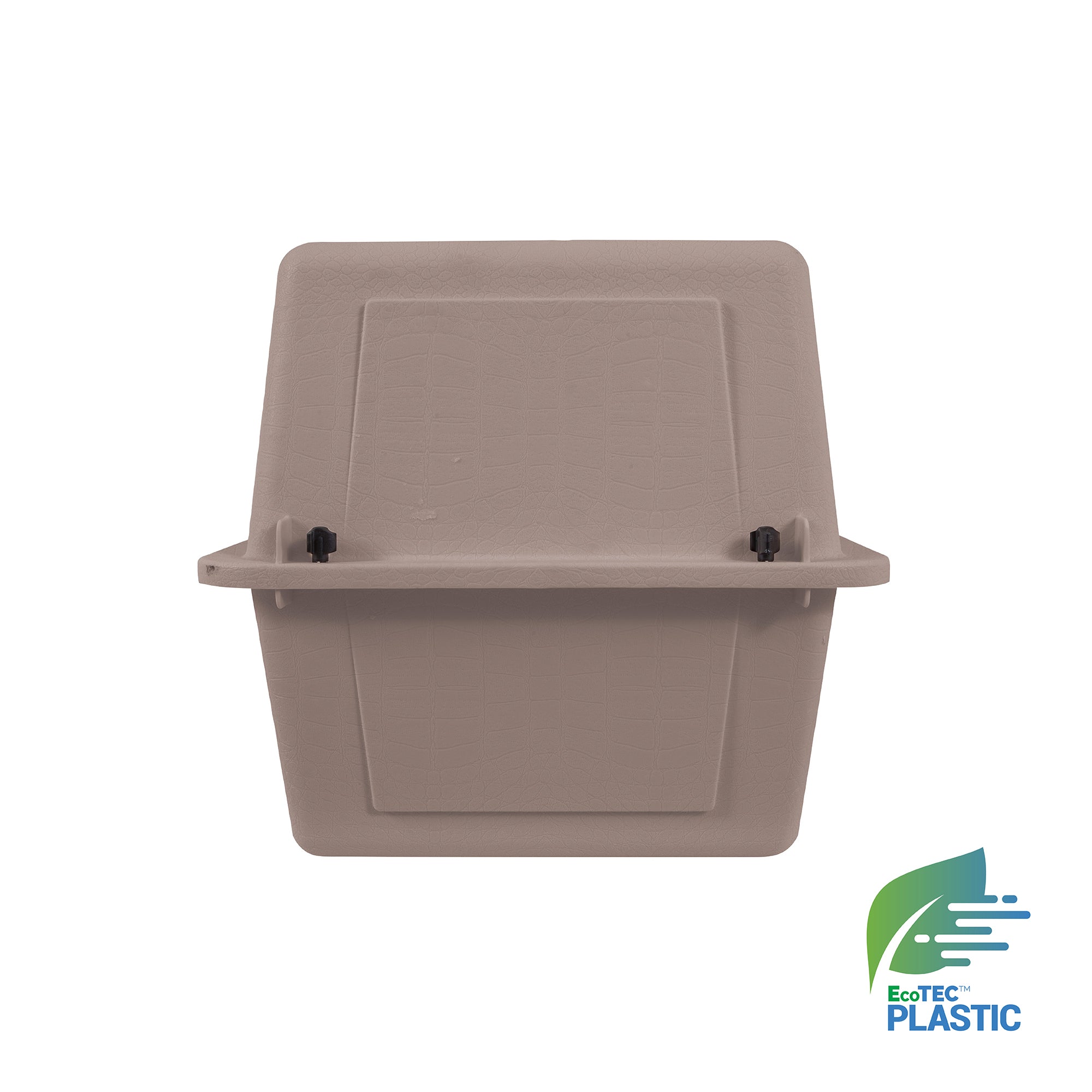 The Petmate Ultra Vari Kennel, from Petmate, is a tan rectangular object with a textured surface and two small black front knobs. It features a green and blue EcoTEC PLASTIC logo in the bottom right corner and is designed to meet airline kennel travel requirements.