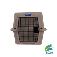 The tan square pet crate door has a metal grate and small lock, meeting airline travel standards. The top shows the Petmate Ultra Vari Kennel logo, and the bottom-right features an EcoTEC Plastic logo with a leaf design on a beige background.